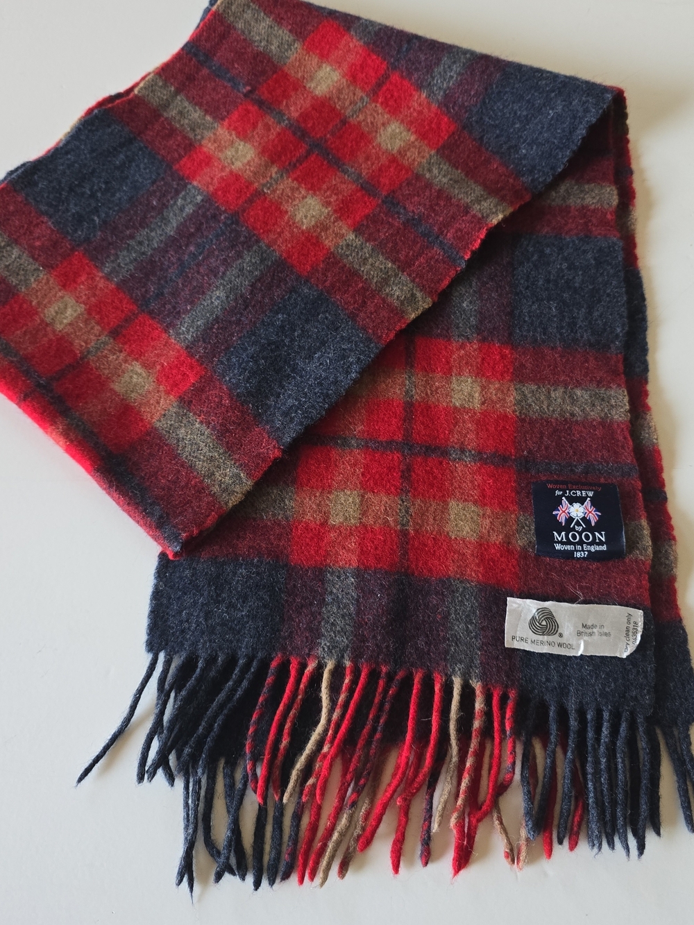 J. Crew Red, Navy & Tan Plaid Wool Scarf